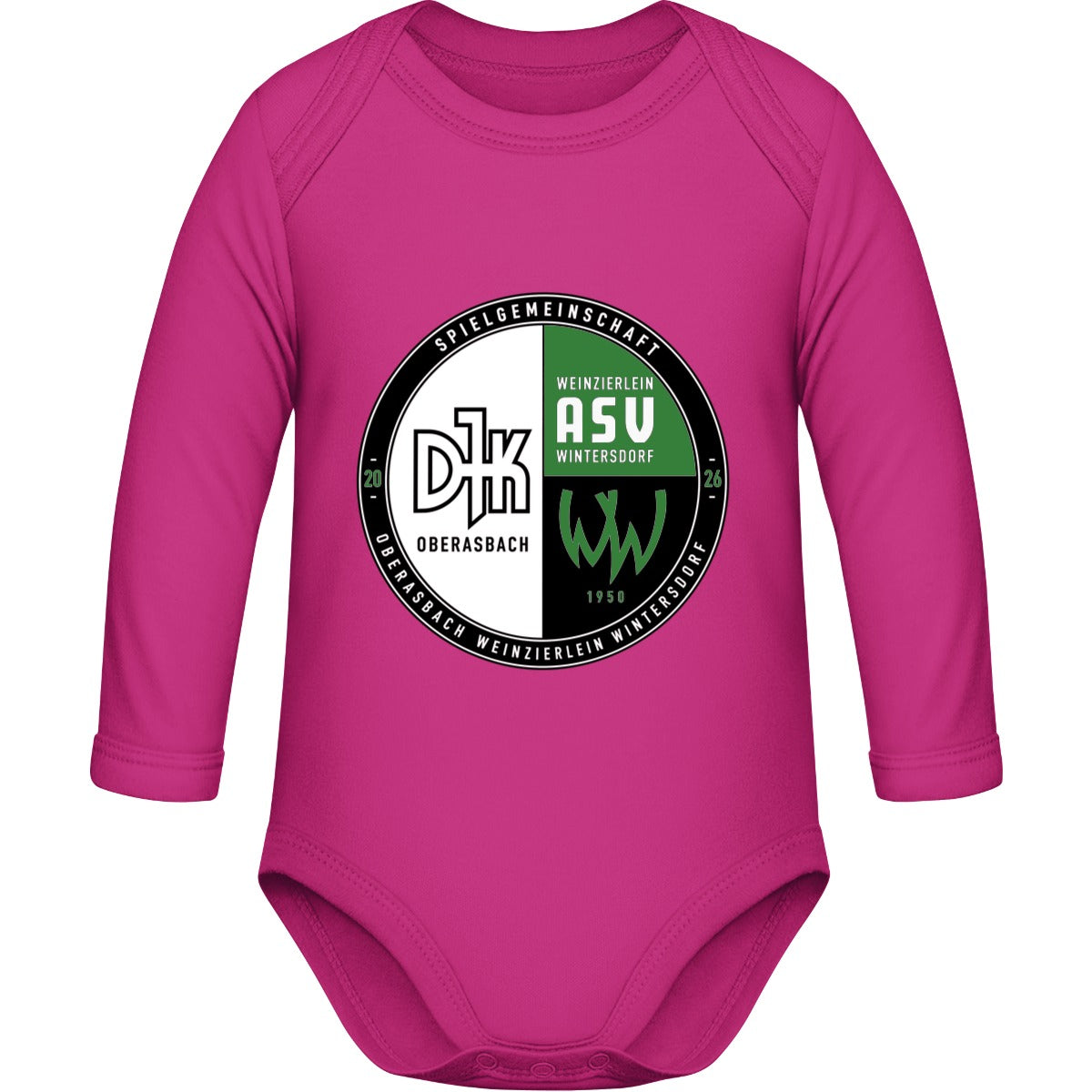 Bio Baby Strampler langarm BZ30 – Vereinslogo mittig groß Fuchsia Vorderseite