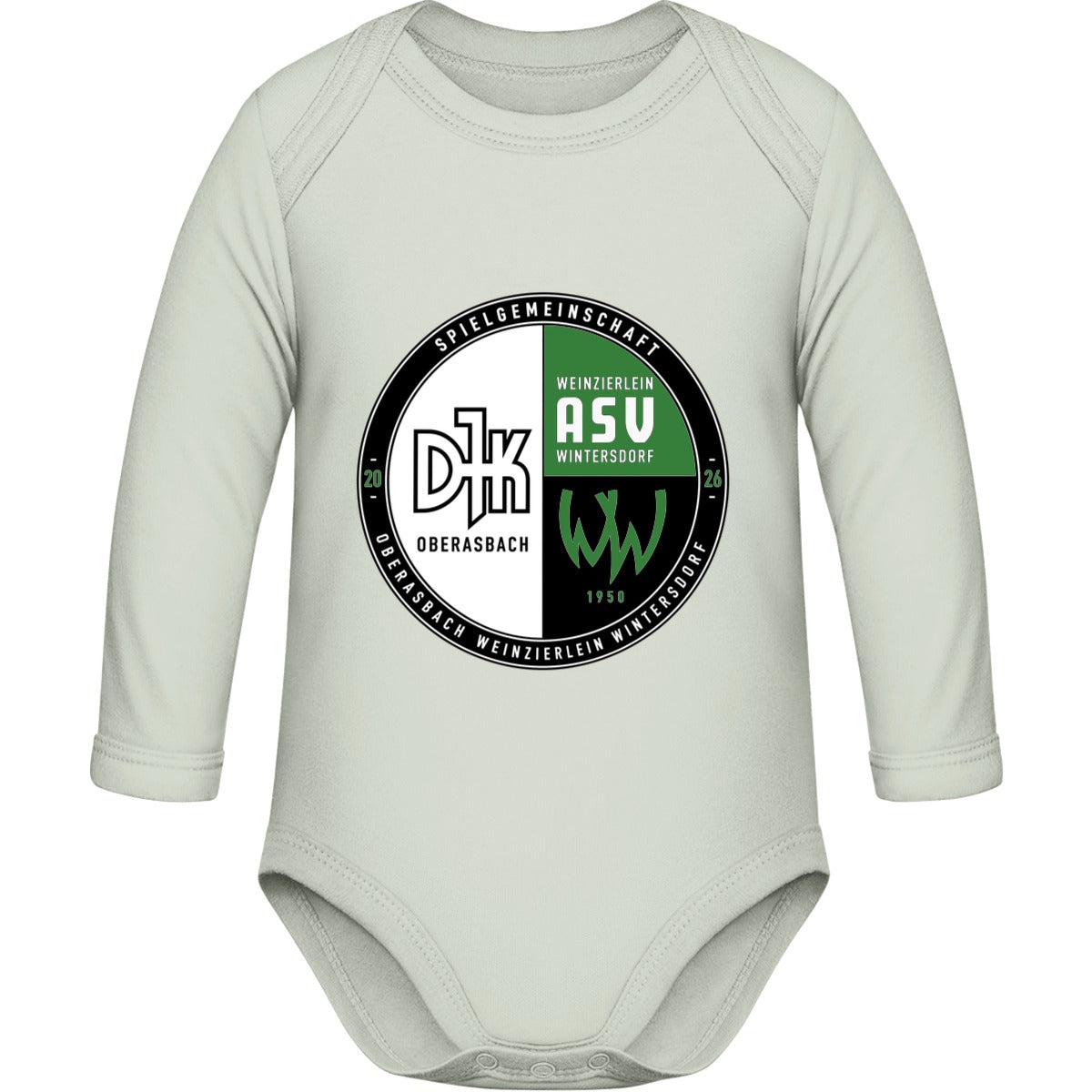 Bio Baby Strampler langarm BZ30 – Vereinslogo mittig groß Heather Grey Melange Vorderseite