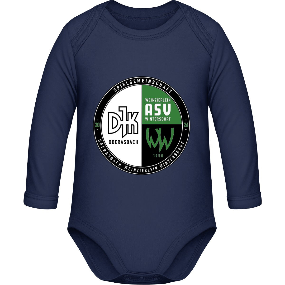 Bio Baby Strampler langarm BZ30 – Vereinslogo mittig groß Nautical Navy Vorderseite