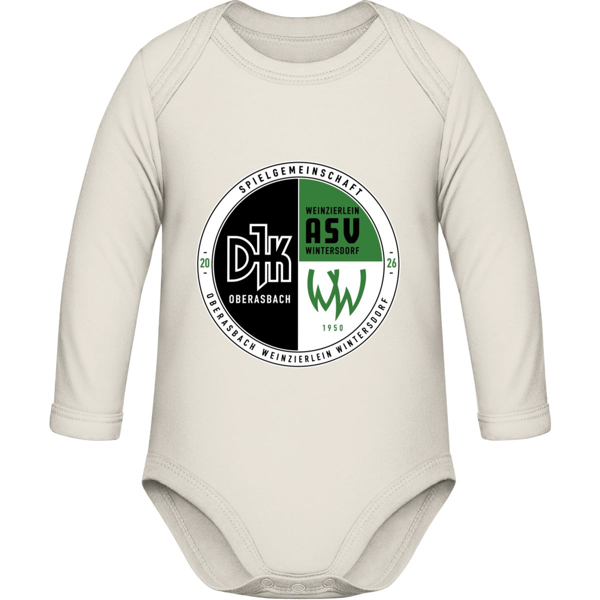 Bio Baby Strampler langarm BZ30 – Vereinslogo mittig groß Organic Natural Vorderseite
