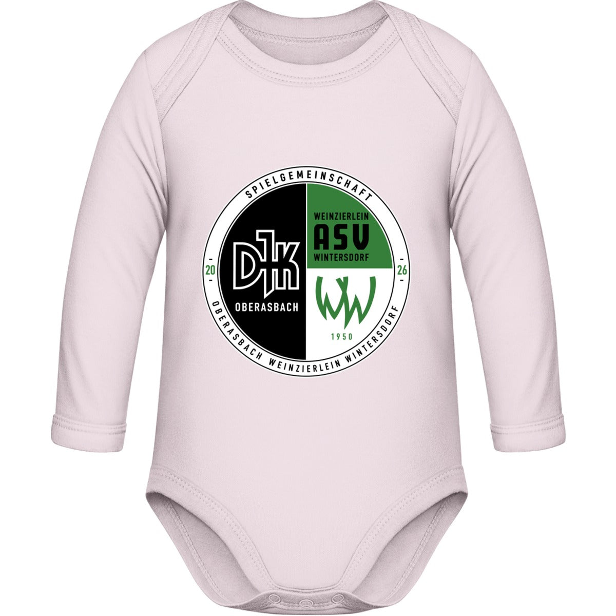 Bio Baby Strampler langarm BZ30 – Vereinslogo mittig groß Powder Pink Vorderseite