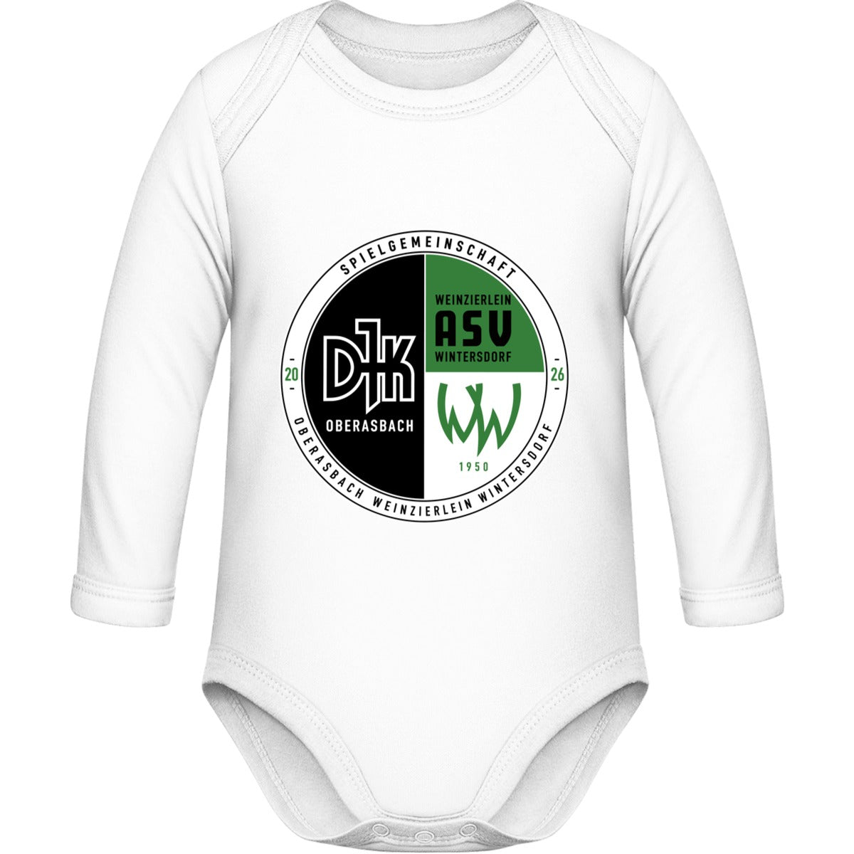 Bio Baby Strampler langarm BZ30 – Vereinslogo mittig groß White Vorderseite