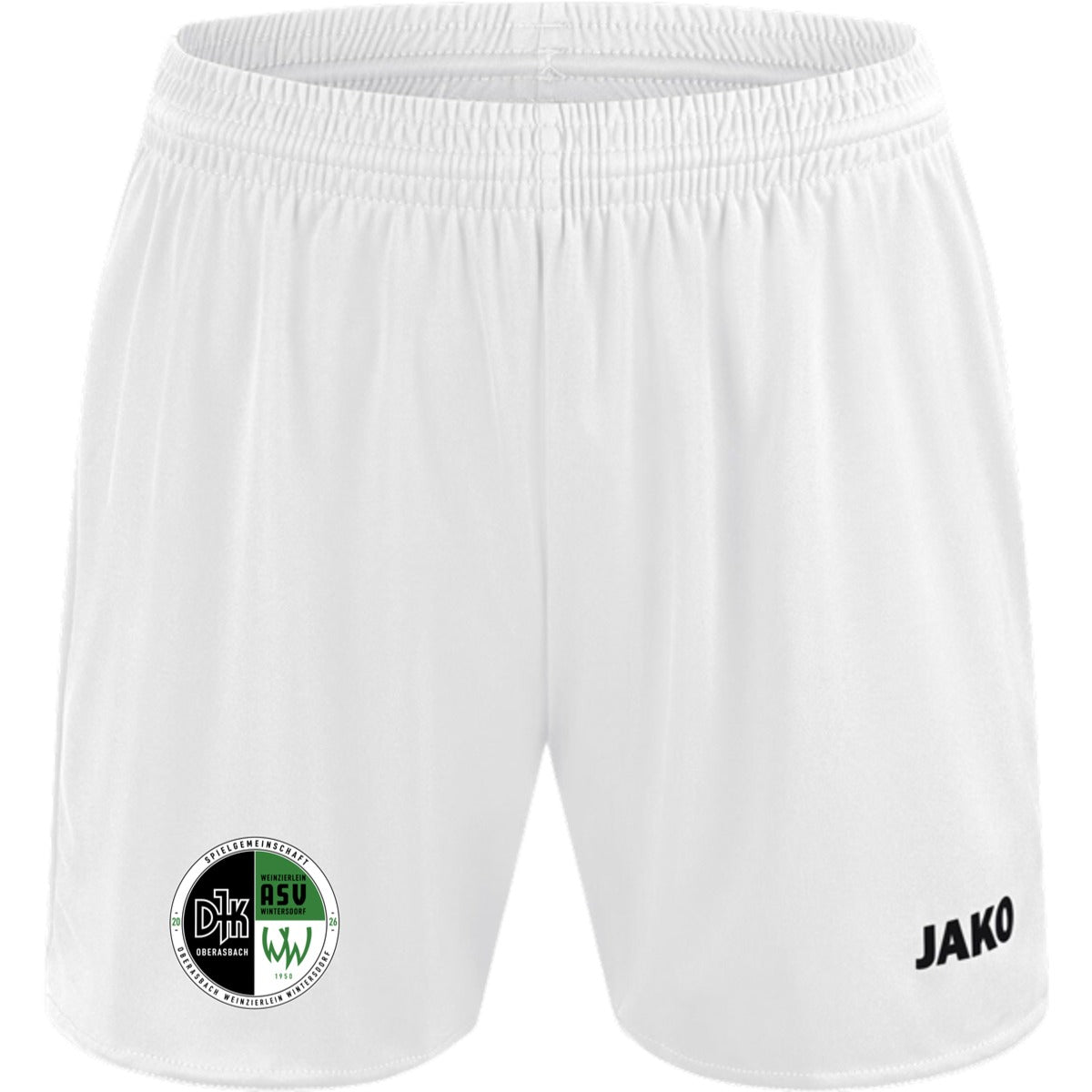 JAKO Sporthose Manchester 2.0 ohne Innenslip Damen 4400D – Vereinslogo am Bein Weiß Vorderseite