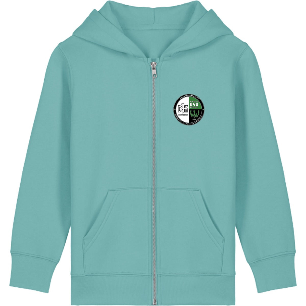 Kinder Hoodie mit Reißverschluss Mini Cultivator 2.0 STSK182 – Vereinslogo herzseitig Teal Monstera Vorderseite