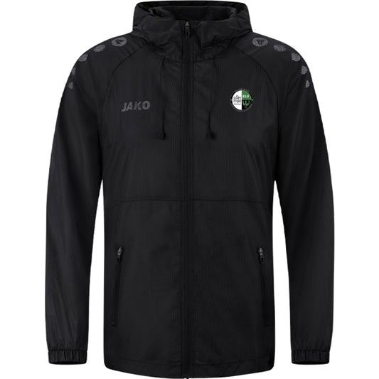 JAKO Lightweightjacke Flow – Wasserabweisende Laufjacke 9876 – Vereinslogo neben JAKO-Logo Schwarz Vorderseite