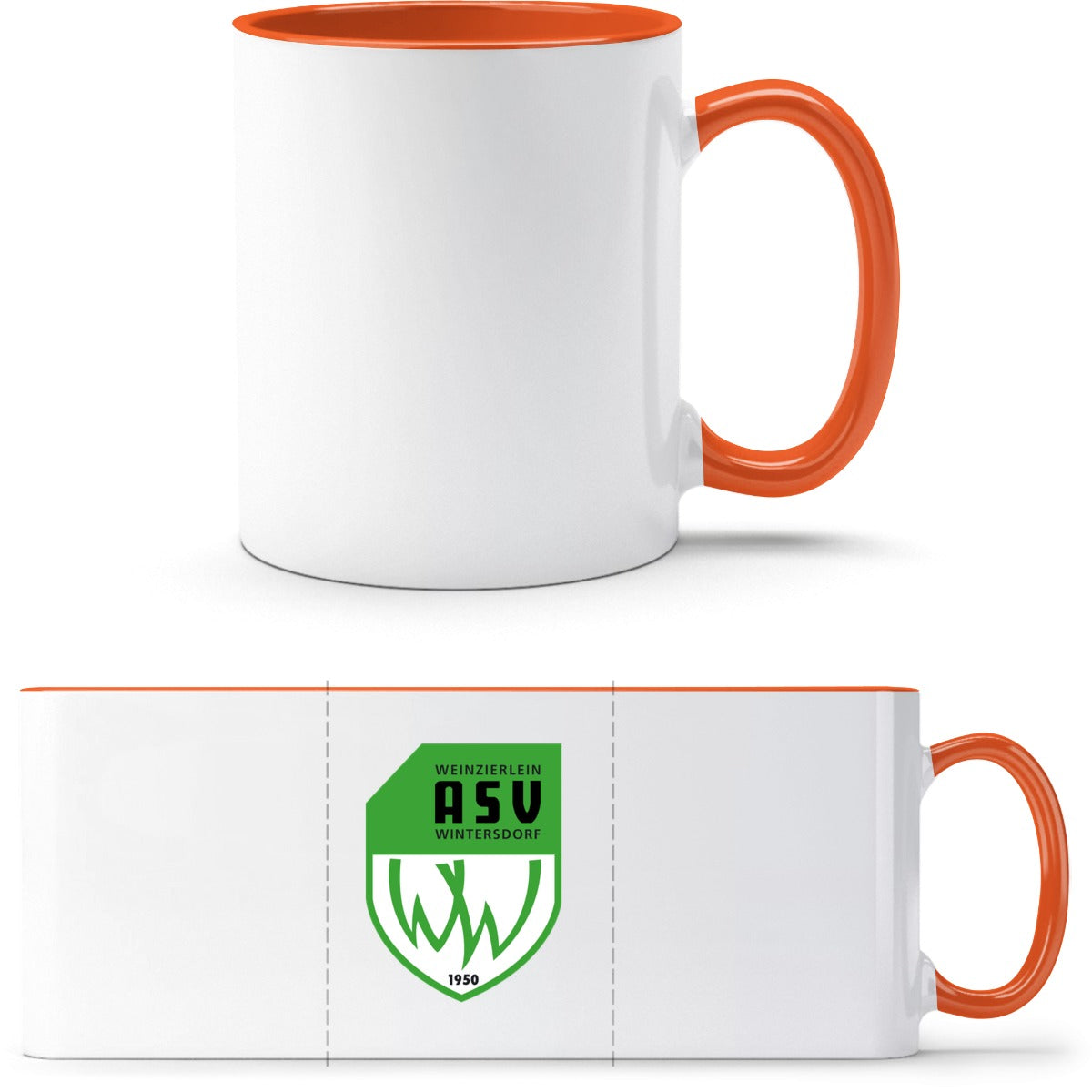 Q9061 Tasse – ASV-Wappen mittig groß Weiß/Orange Vorderseite