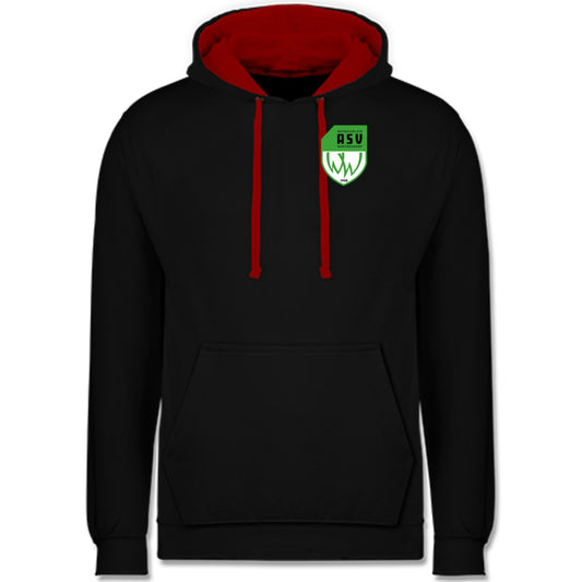 Varsity Kontrast Hoodie JH003 – ASV-Wappen herzseitig Jet Black/Fire Red Vorderseite