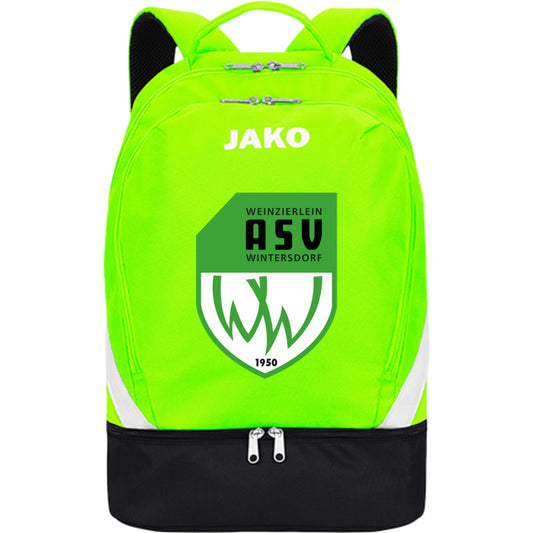 JAKO Sport Rucksack mit Bodenfach 1814 – ASV-Wappen mittig groß Neongrün/Schwarz Vorderseite