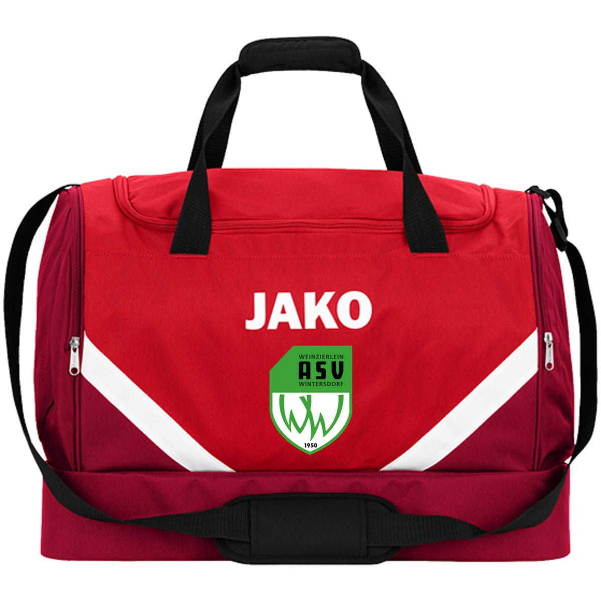 JAKO Sporttasche Iconic mit Bodenfach 2024 – ASV-Wappen mittig groß Rot/Weinrot Vorderseite