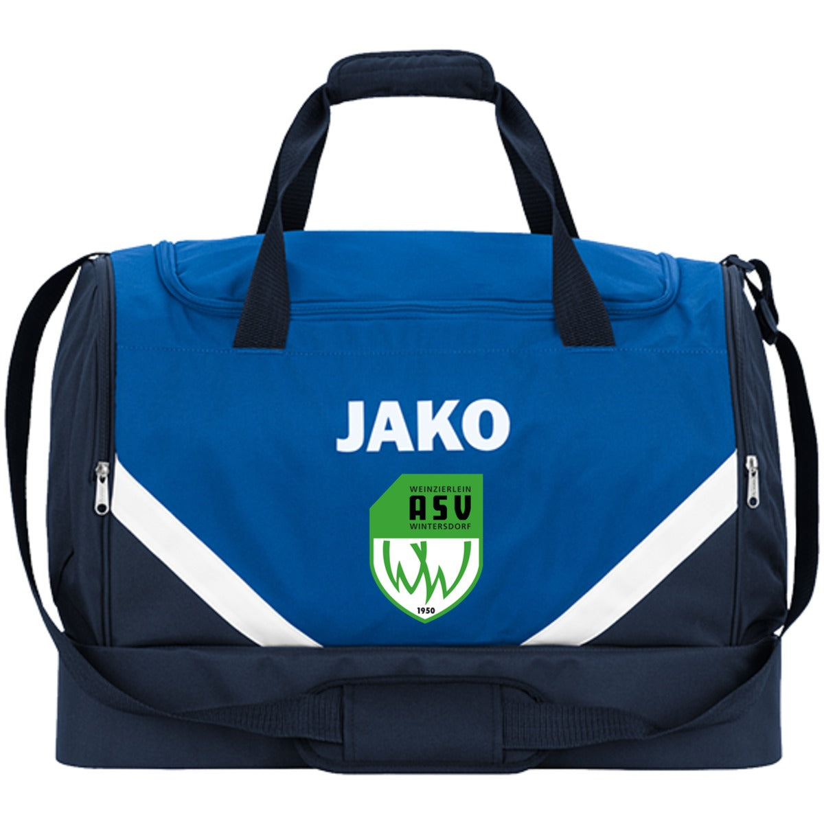 JAKO Sporttasche Iconic mit Bodenfach 2024 – ASV-Wappen mittig groß Royal/Marine Vorderseite