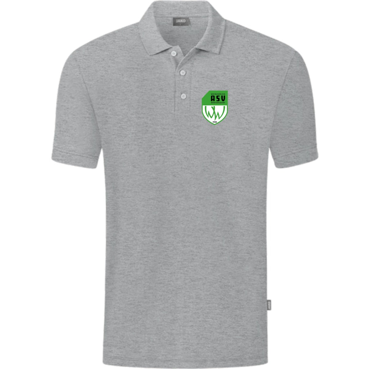 JAKO Polo Organic C6320 – ASV-Wappen herzseitig Hellgrau Meliert Vorderseite
