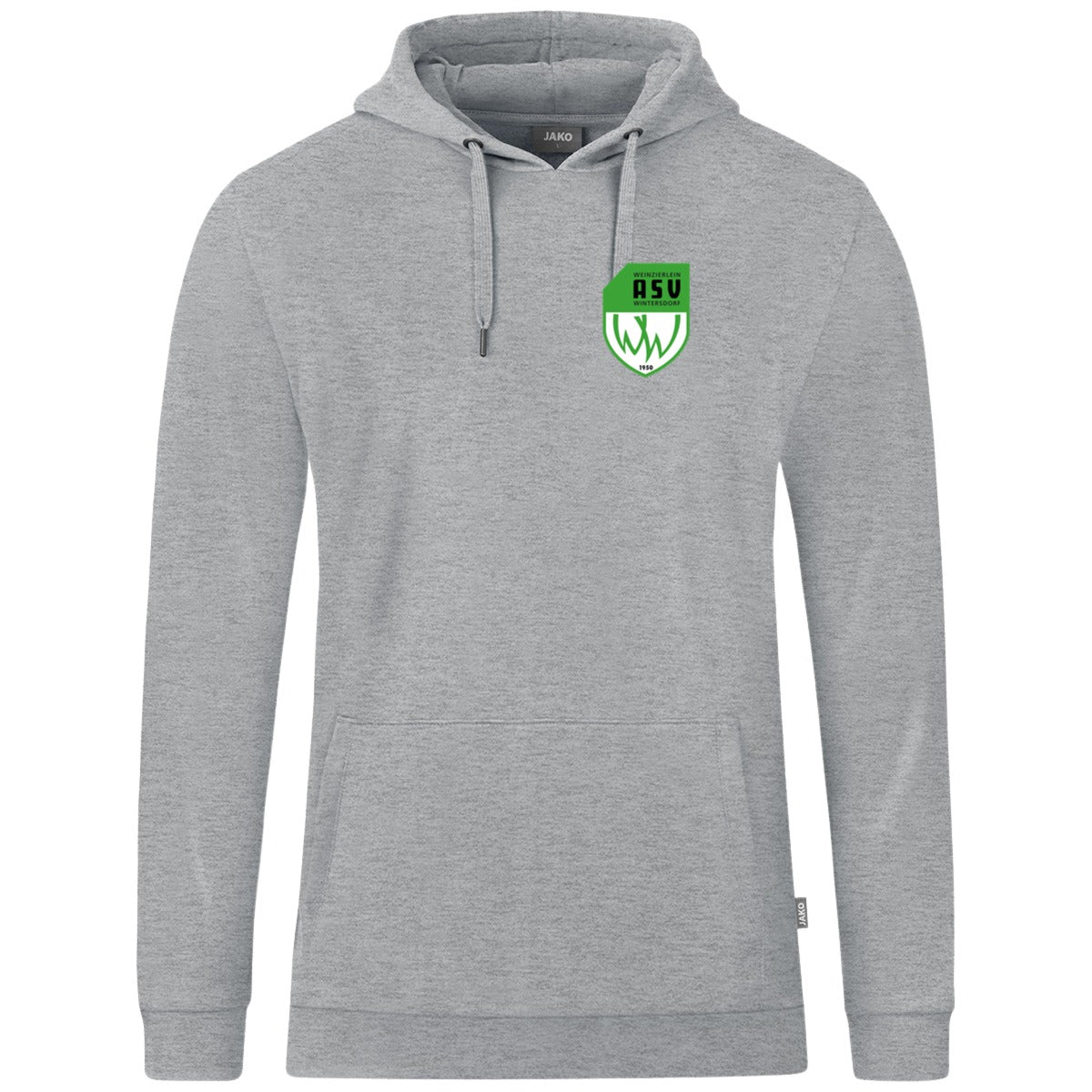 JAKO Kapuzensweat Organic C6720 – ASV-Wappen herzseitig Hellgrau Meliert Vorderseite