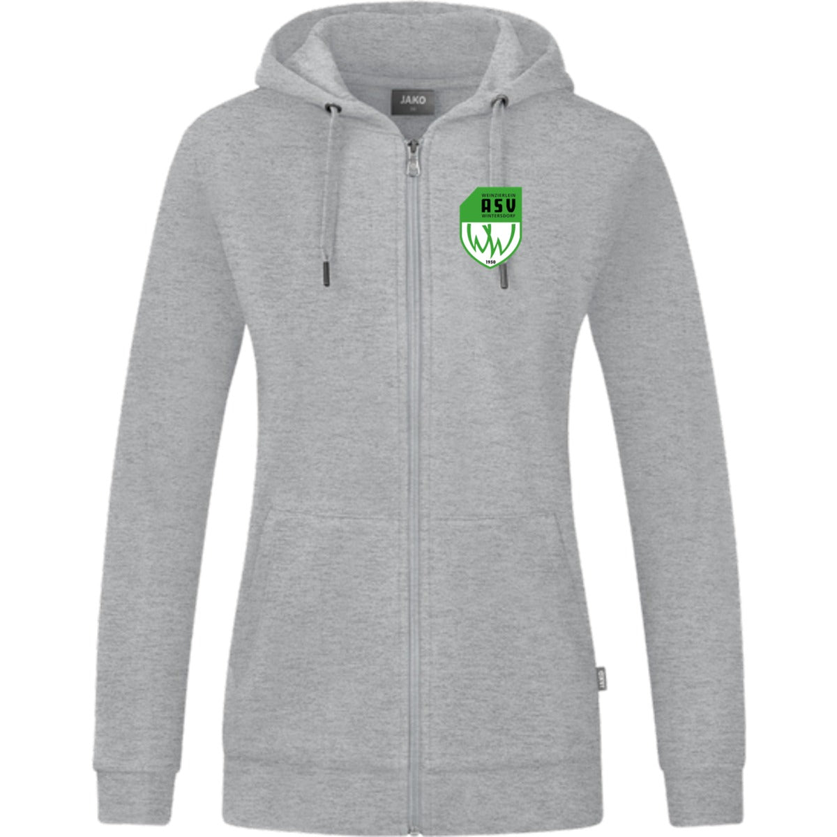 JAKO Kapuzenjacke Organic C6820W – ASV-Wappen herzseitig Hellgrau Meliert Vorderseite
