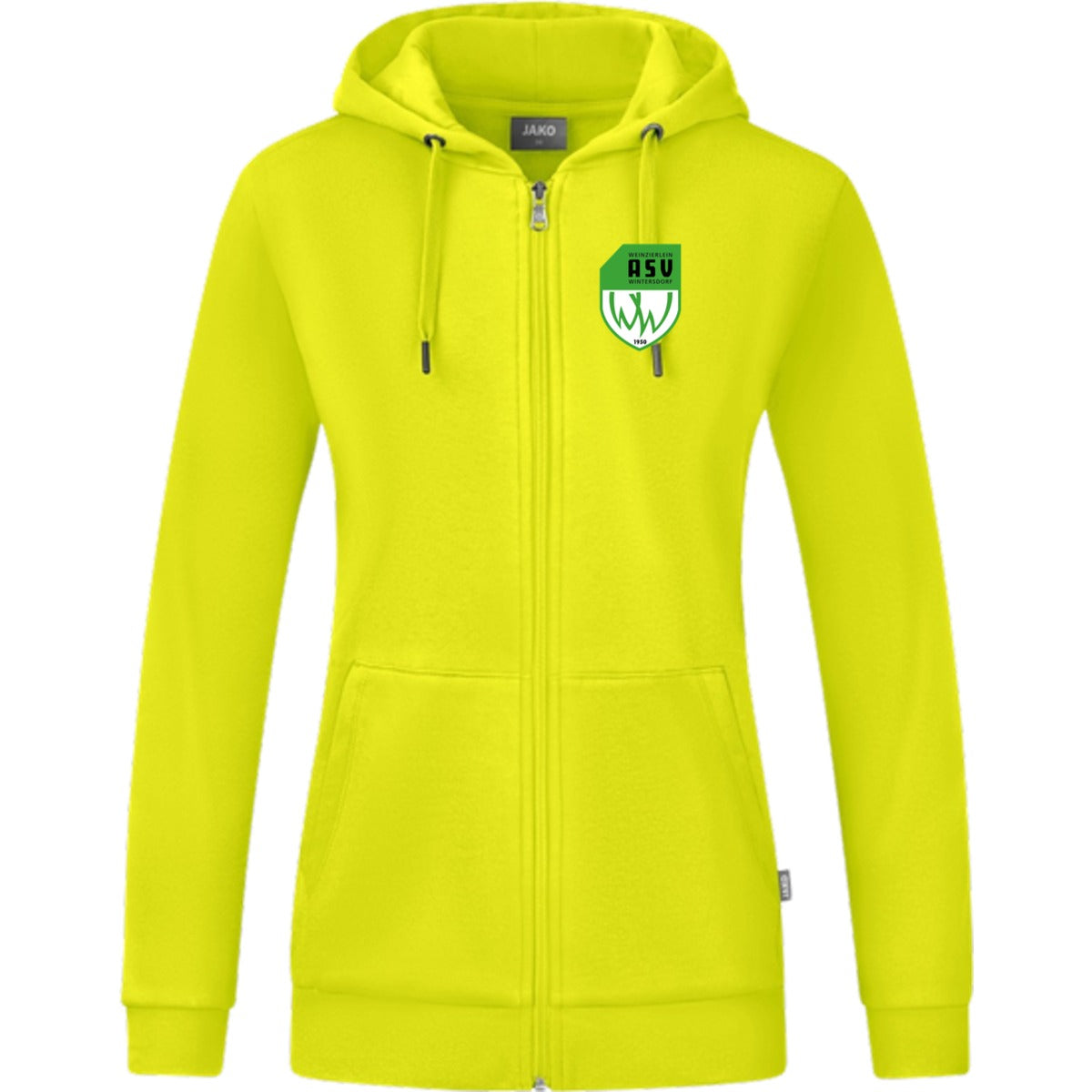 JAKO Kapuzenjacke Organic C6820W – ASV-Wappen herzseitig Lime Vorderseite