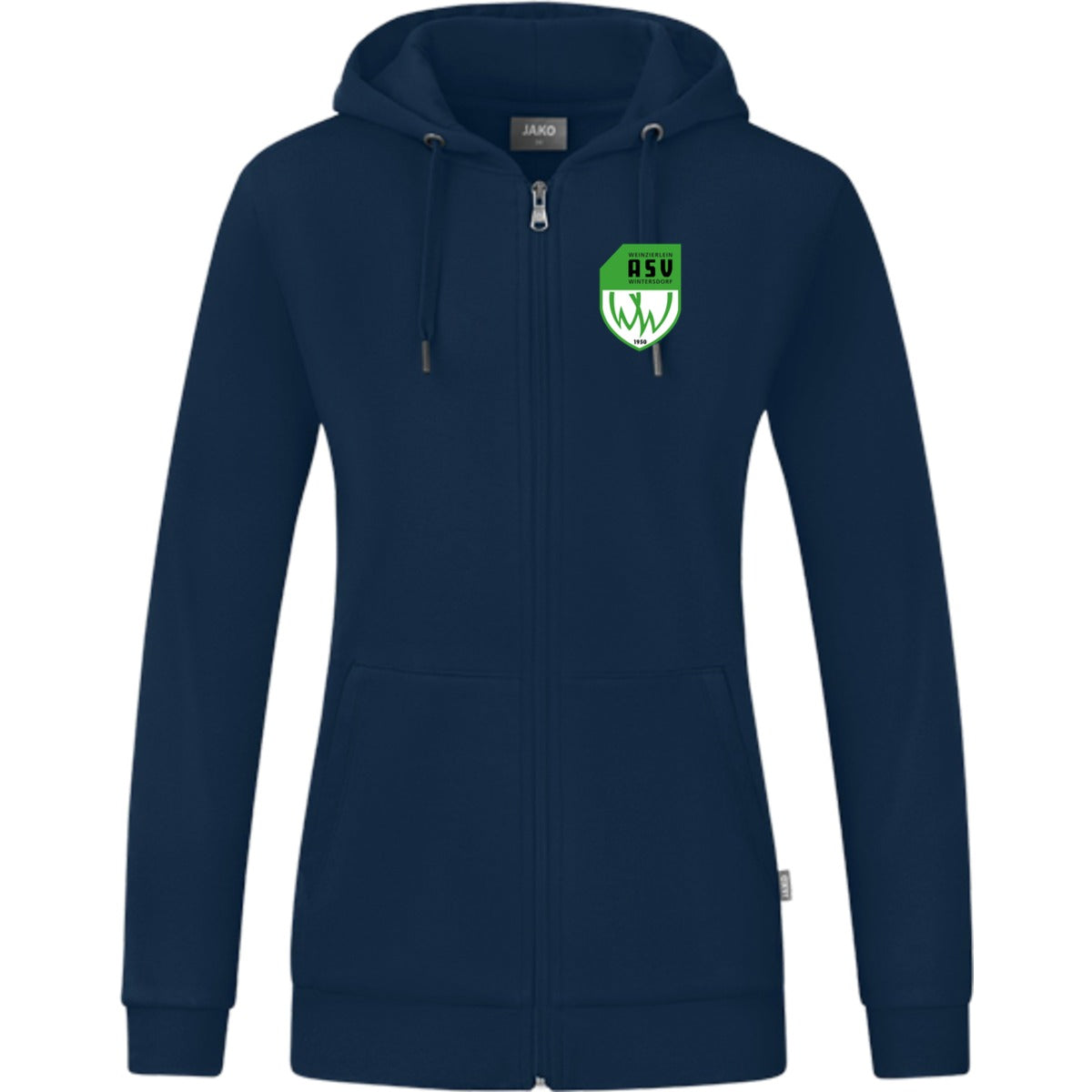 JAKO Kapuzenjacke Organic C6820W – ASV-Wappen herzseitig Marine Vorderseite