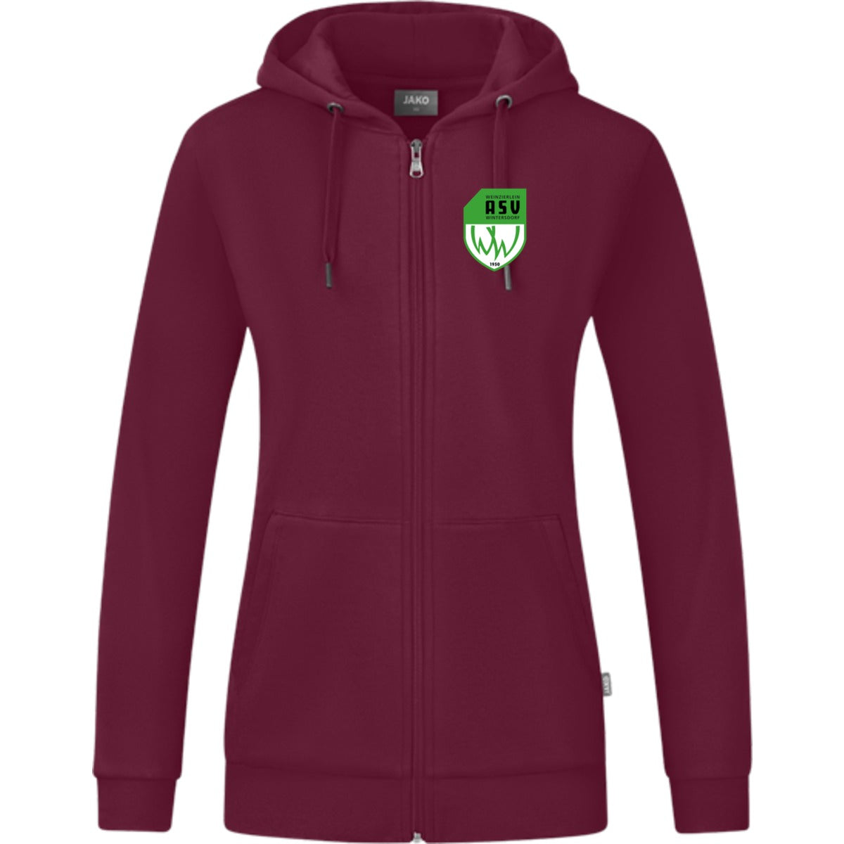 JAKO Kapuzenjacke Organic C6820W – ASV-Wappen herzseitig Maroon Vorderseite