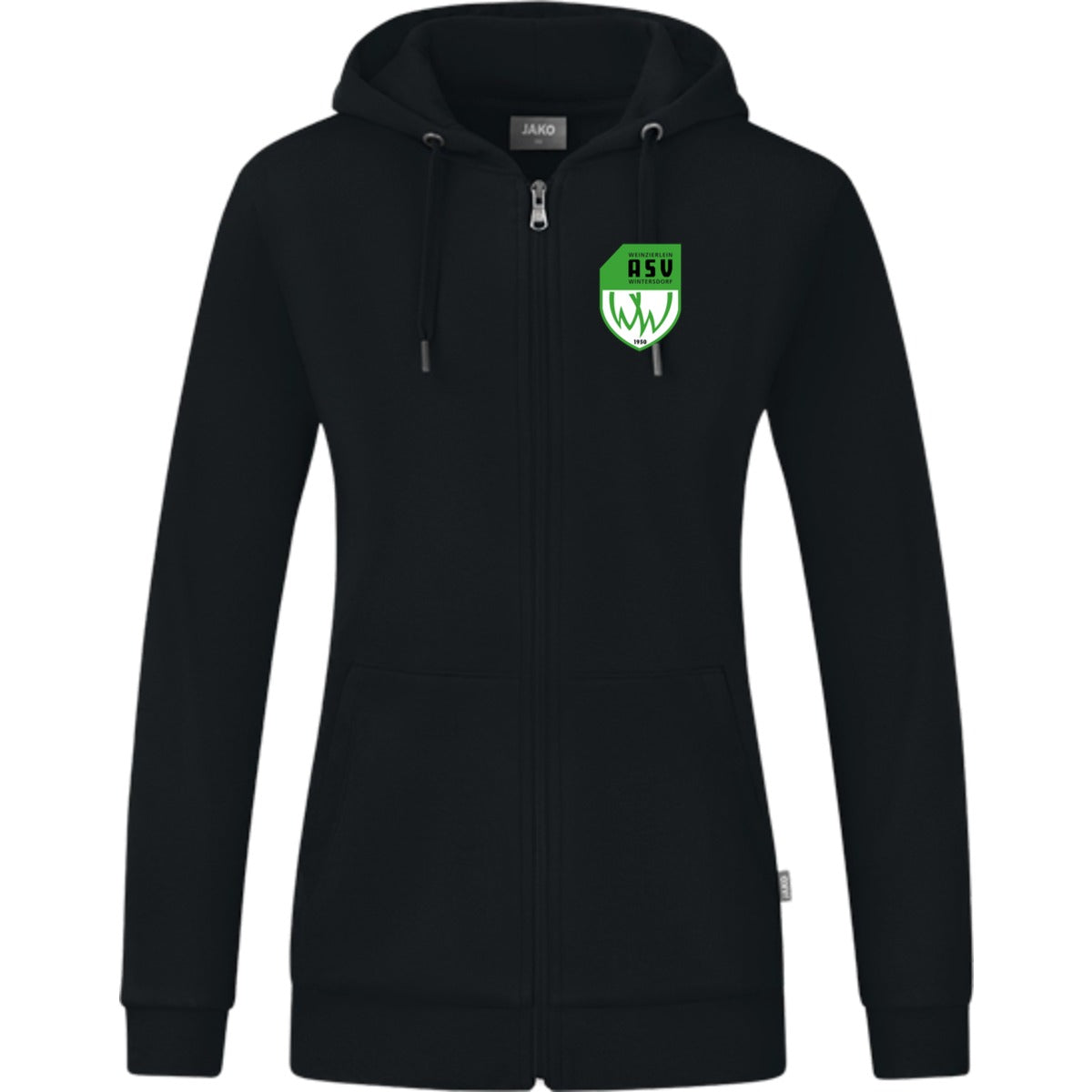 JAKO Kapuzenjacke Organic C6820W – ASV-Wappen herzseitig Schwarz Vorderseite