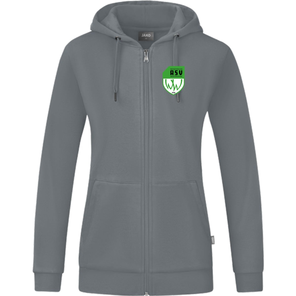 JAKO Kapuzenjacke Organic C6820W – ASV-Wappen herzseitig Steingrau Vorderseite