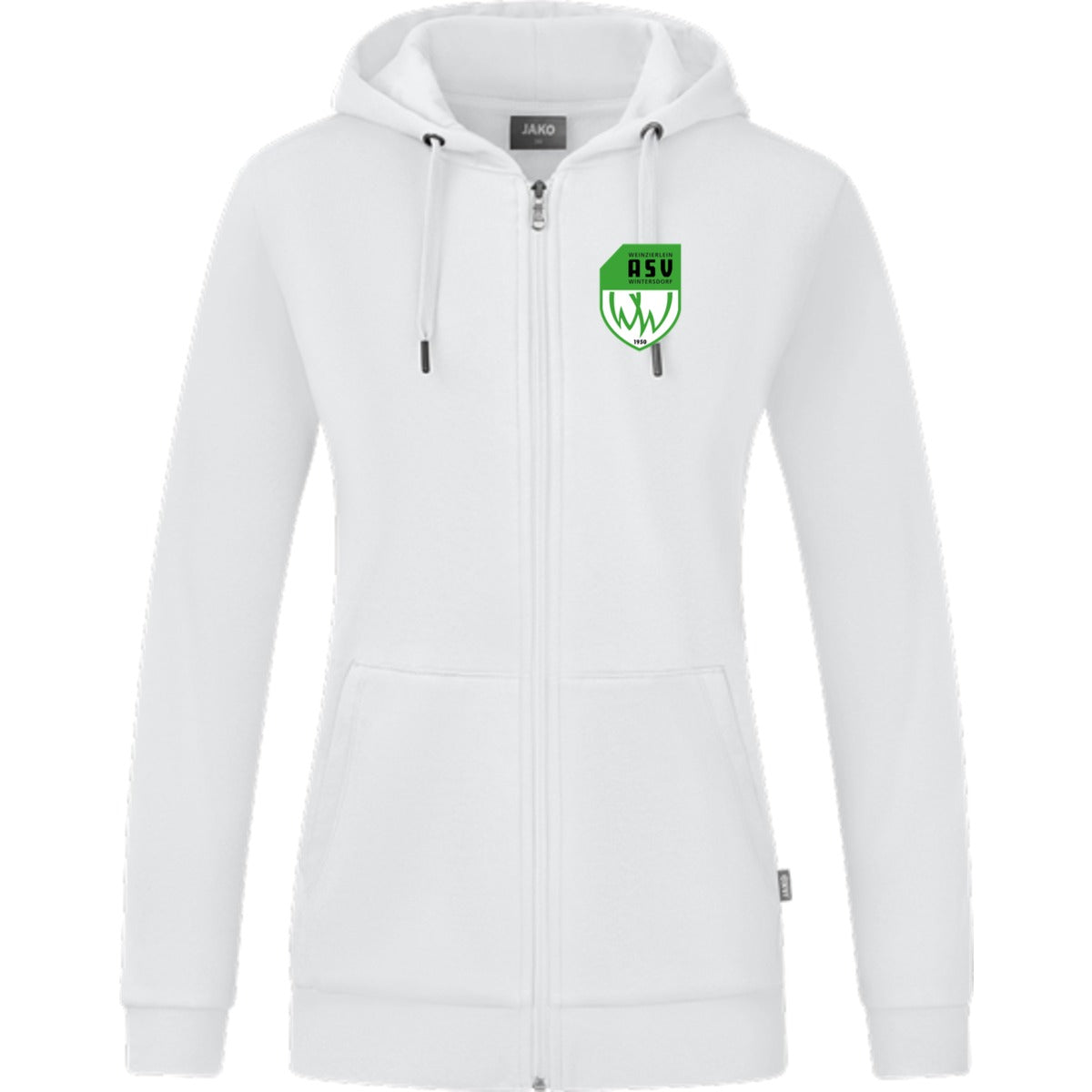 JAKO Kapuzenjacke Organic C6820W – ASV-Wappen herzseitig Weiß Vorderseite