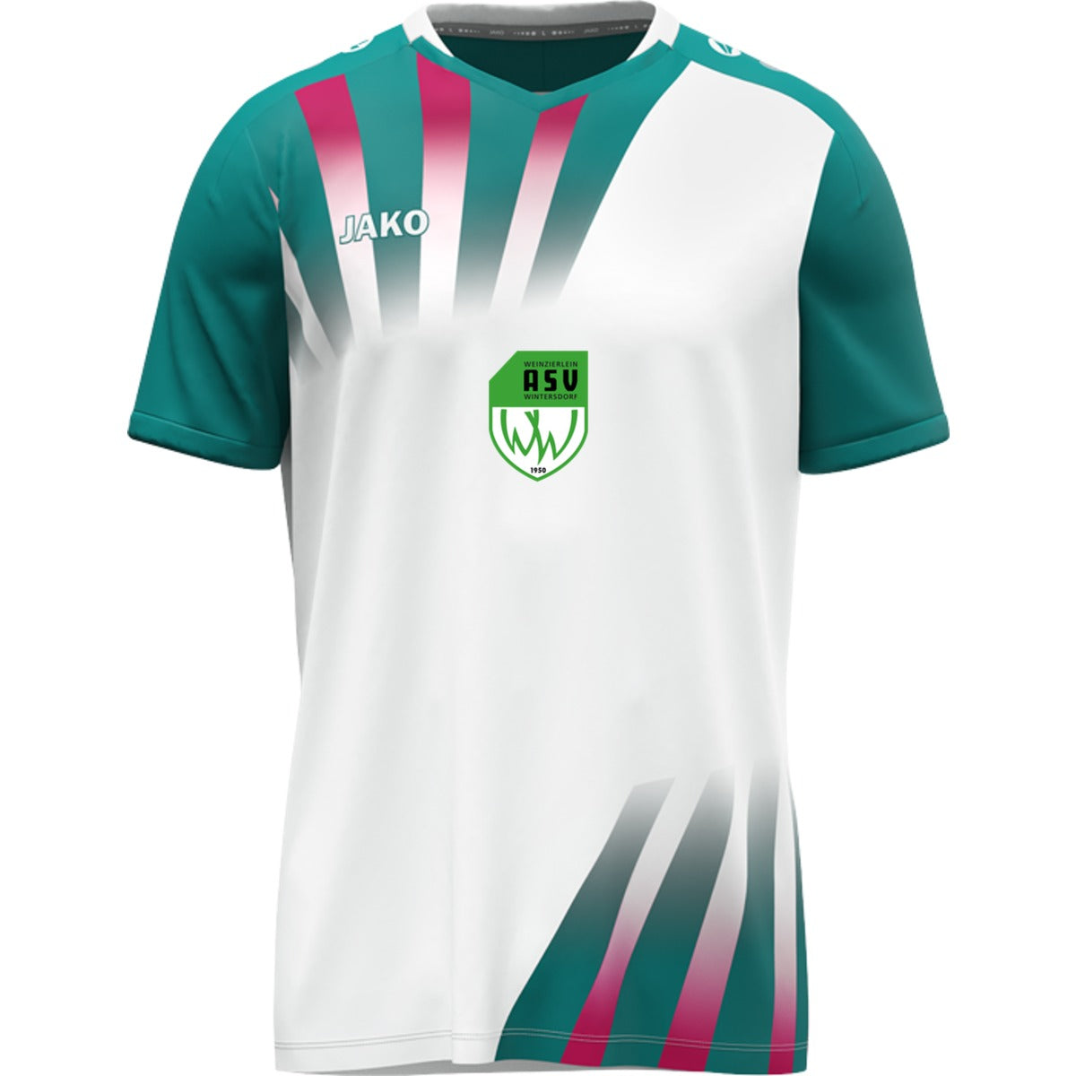 Vintage Trikot mit V-Neck Kragen im Retro-Look 4245 – ASV-Wappen exklusiv Weiß/Türkis Vorderseite