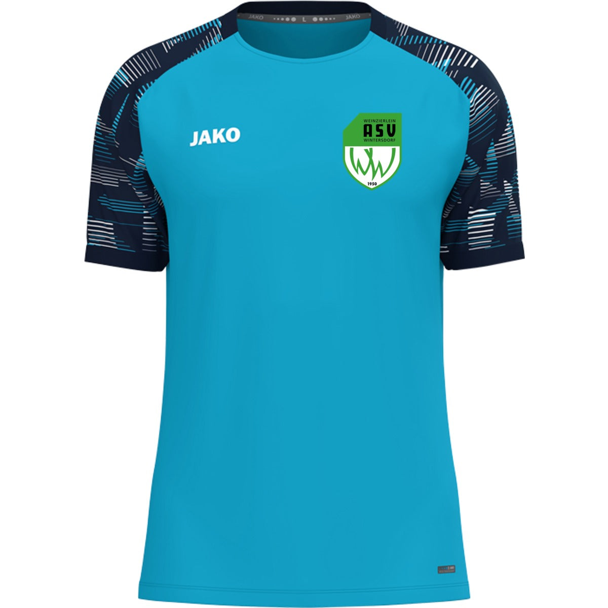 T-Shirt Sonic – nachhaltiges Funktionsshirt von JAKO 6126 – ASV-Wappen herzseitig Aqua/Marine Vorderseite