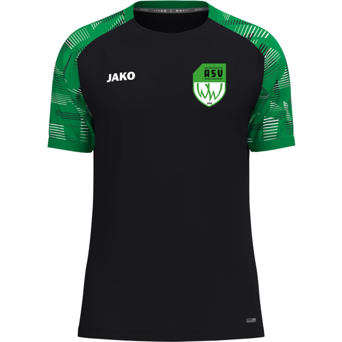 T-Shirt Sonic – nachhaltiges Funktionsshirt von JAKO 6126 – ASV-Wappen herzseitig Schwarz/Grün Vorderseite