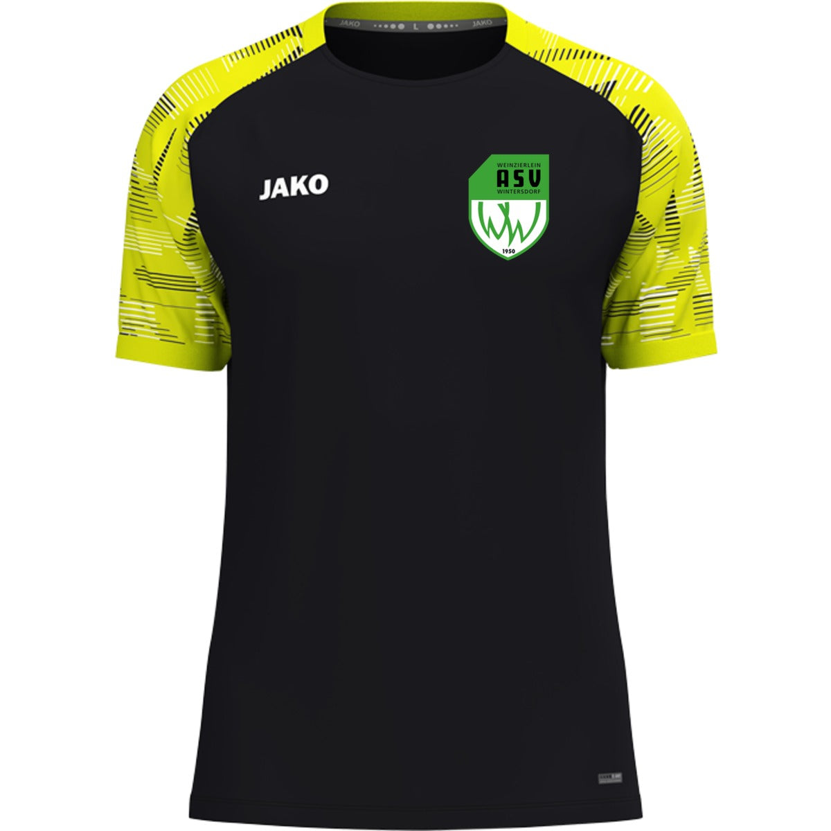 T-Shirt Sonic – nachhaltiges Funktionsshirt von JAKO 6126 – ASV-Wappen herzseitig Schwarz/Neongelb Vorderseite