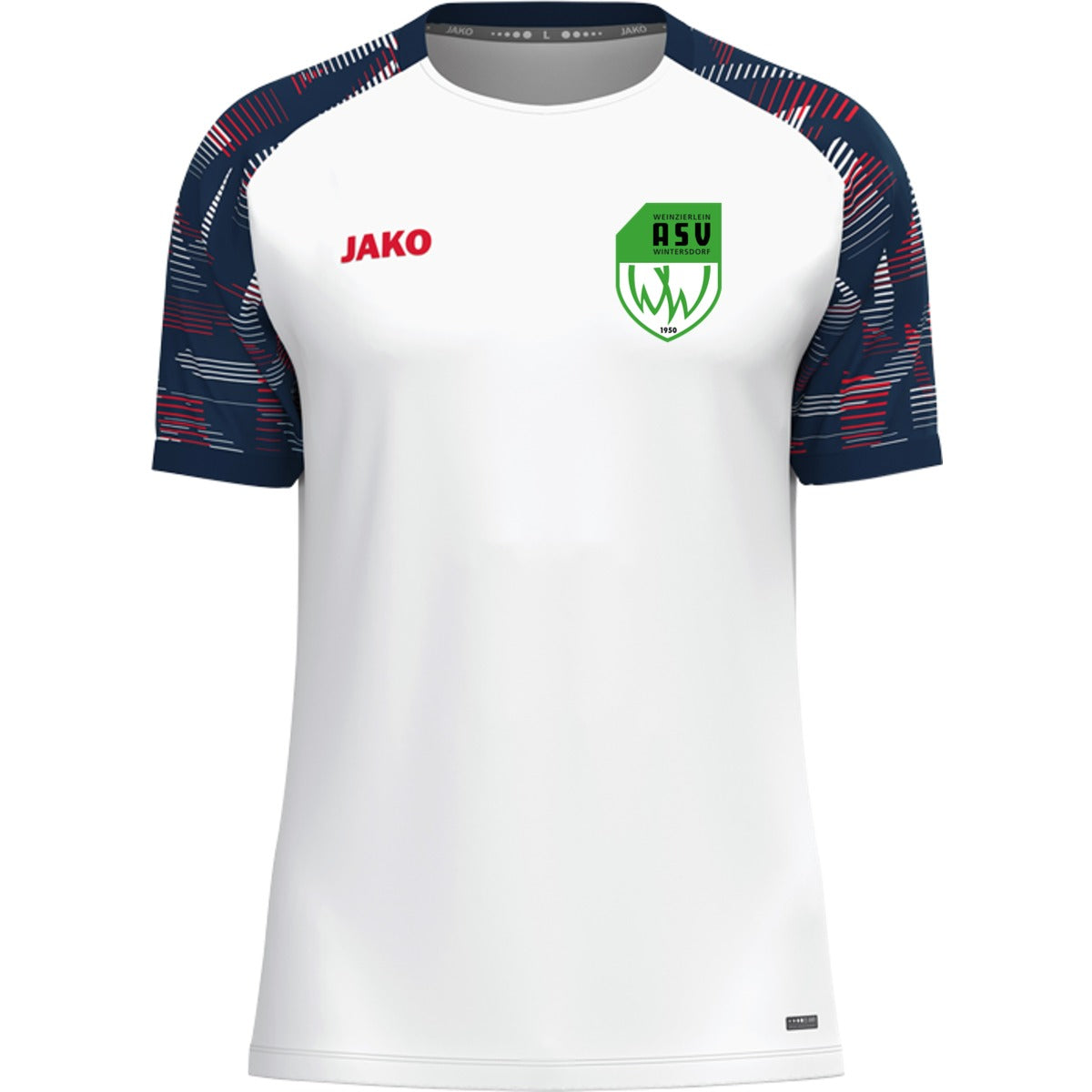 T-Shirt Sonic – nachhaltiges Funktionsshirt von JAKO 6126 – ASV-Wappen herzseitig Weiß/Marine Vorderseite