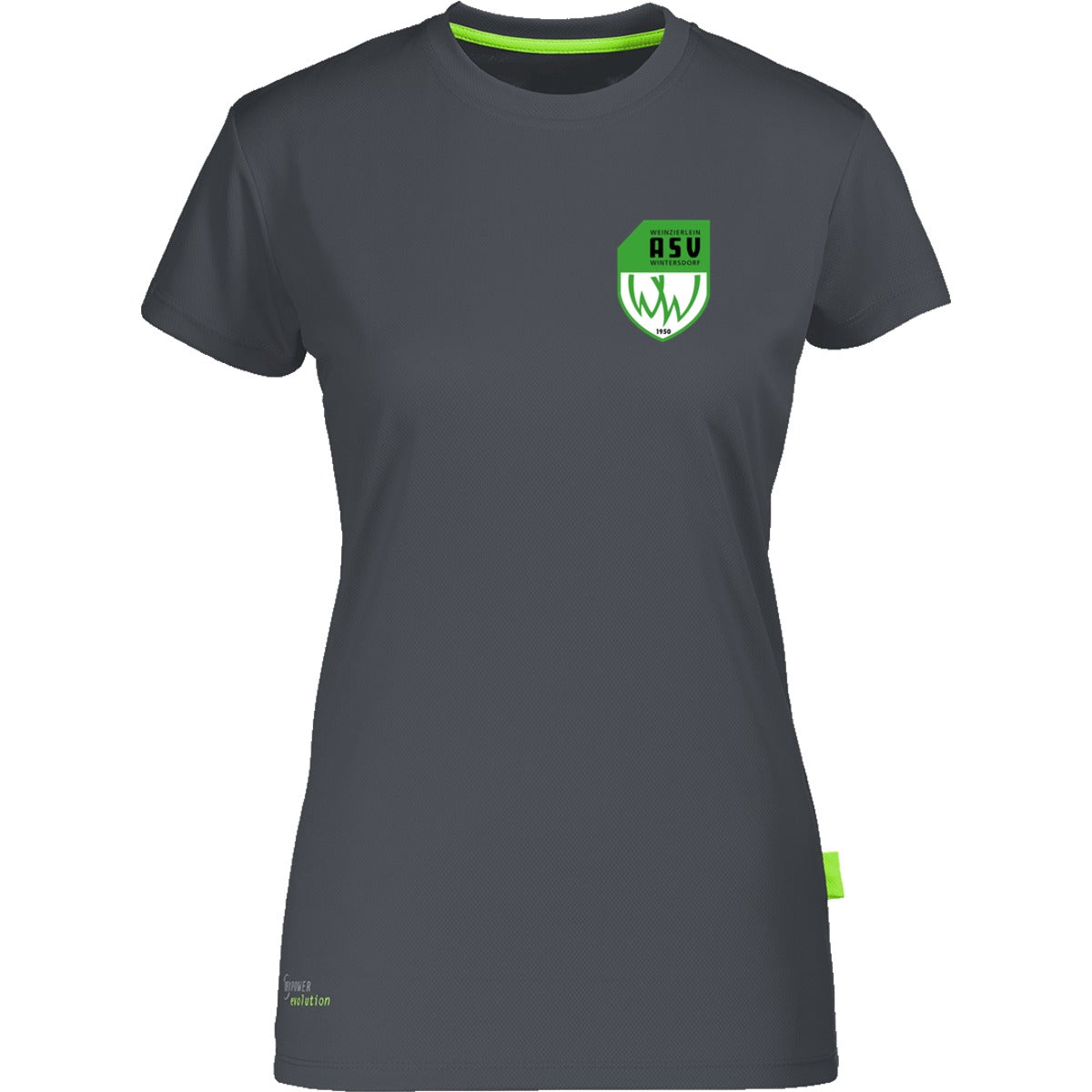 Nachhaltiges Damen Laufshirt aus 100% recyceltem Polyester CN170 – ASV-Wappen herzseitig Anthracite Vorderseite
