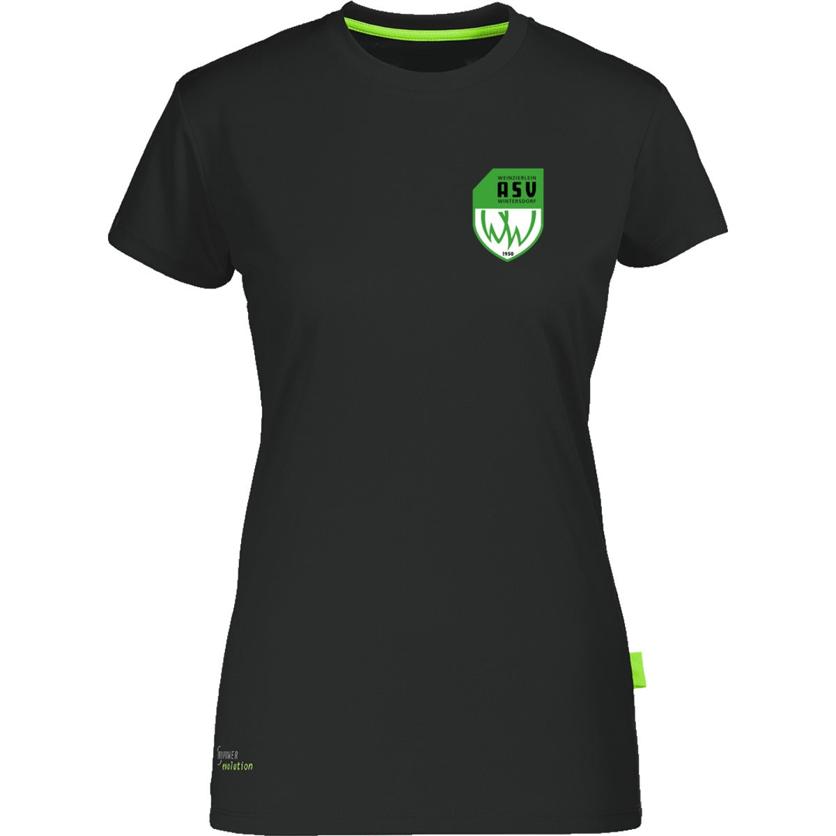 Nachhaltiges Damen Laufshirt aus 100% recyceltem Polyester CN170 – ASV-Wappen herzseitig Black Vorderseite