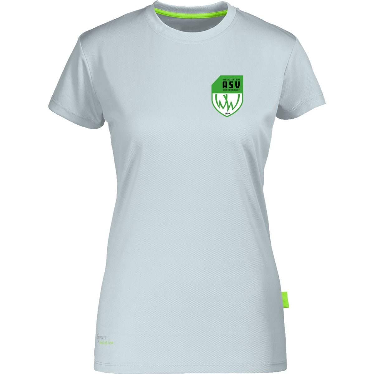 Nachhaltiges Damen Laufshirt aus 100% recyceltem Polyester CN170 – ASV-Wappen herzseitig Ice Grey Vorderseite