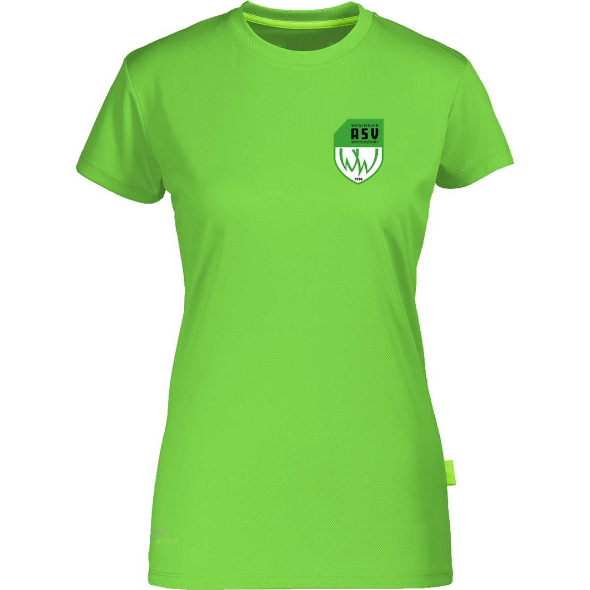 Nachhaltiges Damen Laufshirt aus 100% recyceltem Polyester CN170 – ASV-Wappen herzseitig Lime Vorderseite
