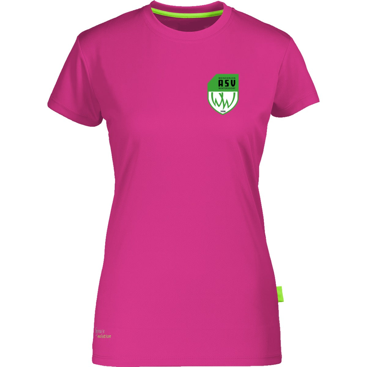 Nachhaltiges Damen Laufshirt aus 100% recyceltem Polyester CN170 – ASV-Wappen herzseitig Magenta Vorderseite