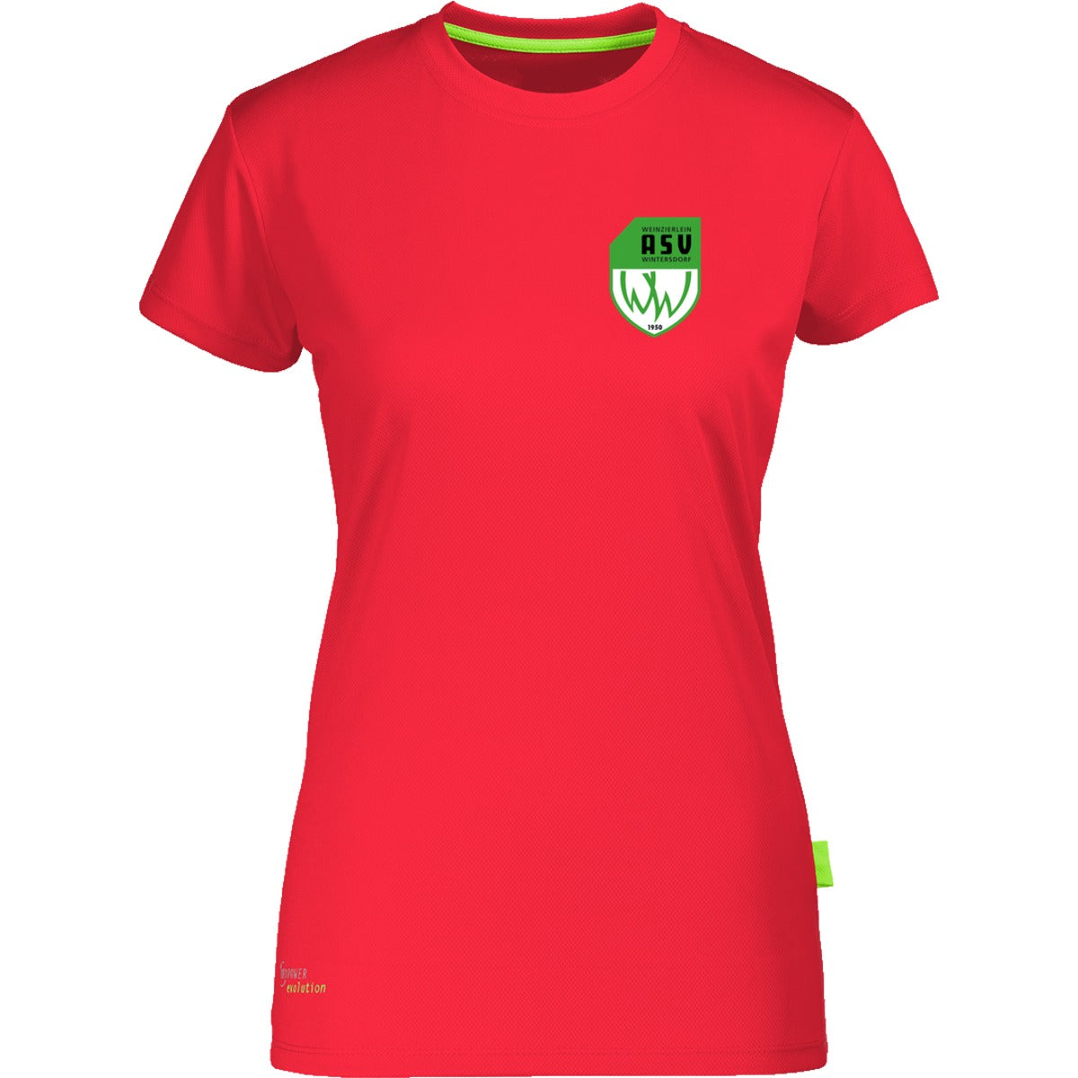 Nachhaltiges Damen Laufshirt aus 100% recyceltem Polyester CN170 – ASV-Wappen herzseitig Neon Coral Vorderseite