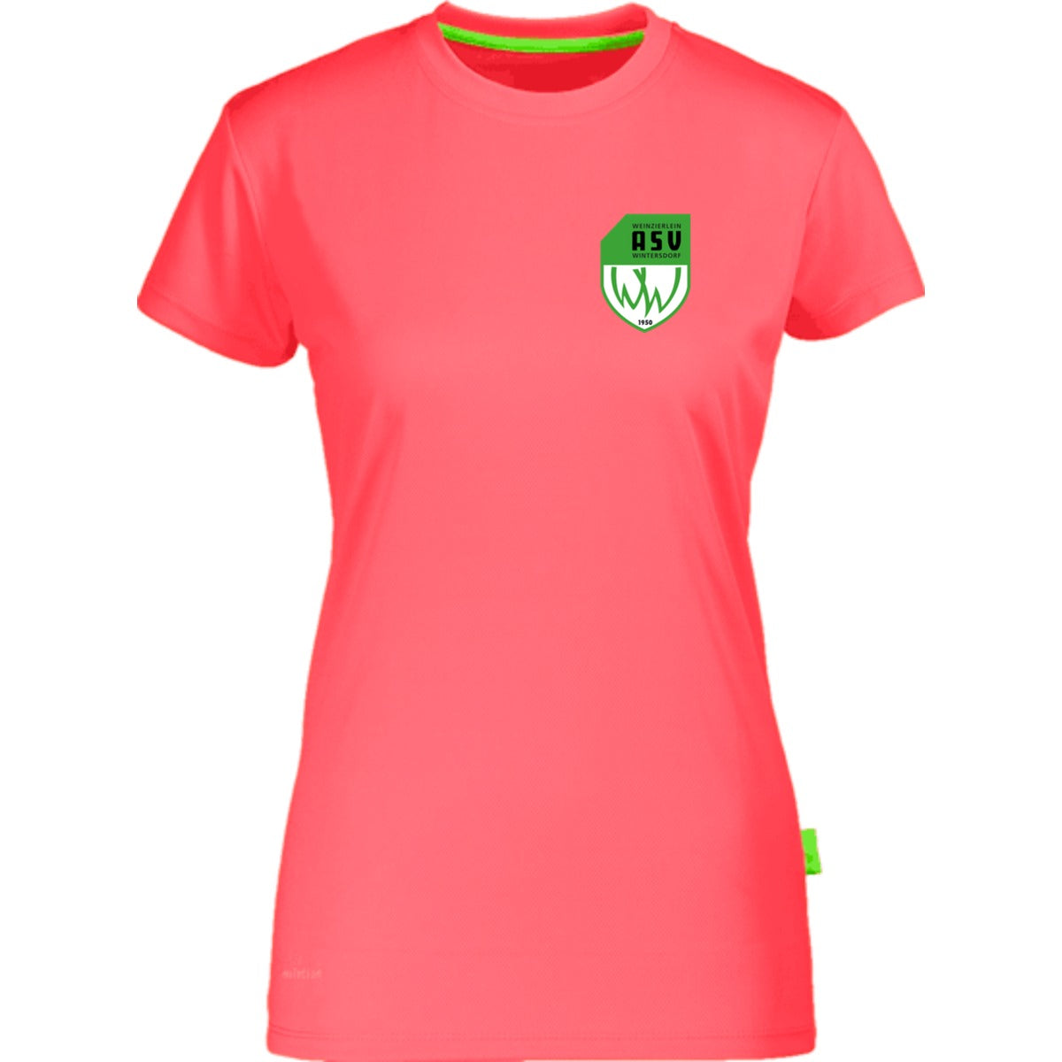 Nachhaltiges Damen Laufshirt aus 100% recyceltem Polyester CN170 – ASV-Wappen herzseitig Neon Peach Vorderseite