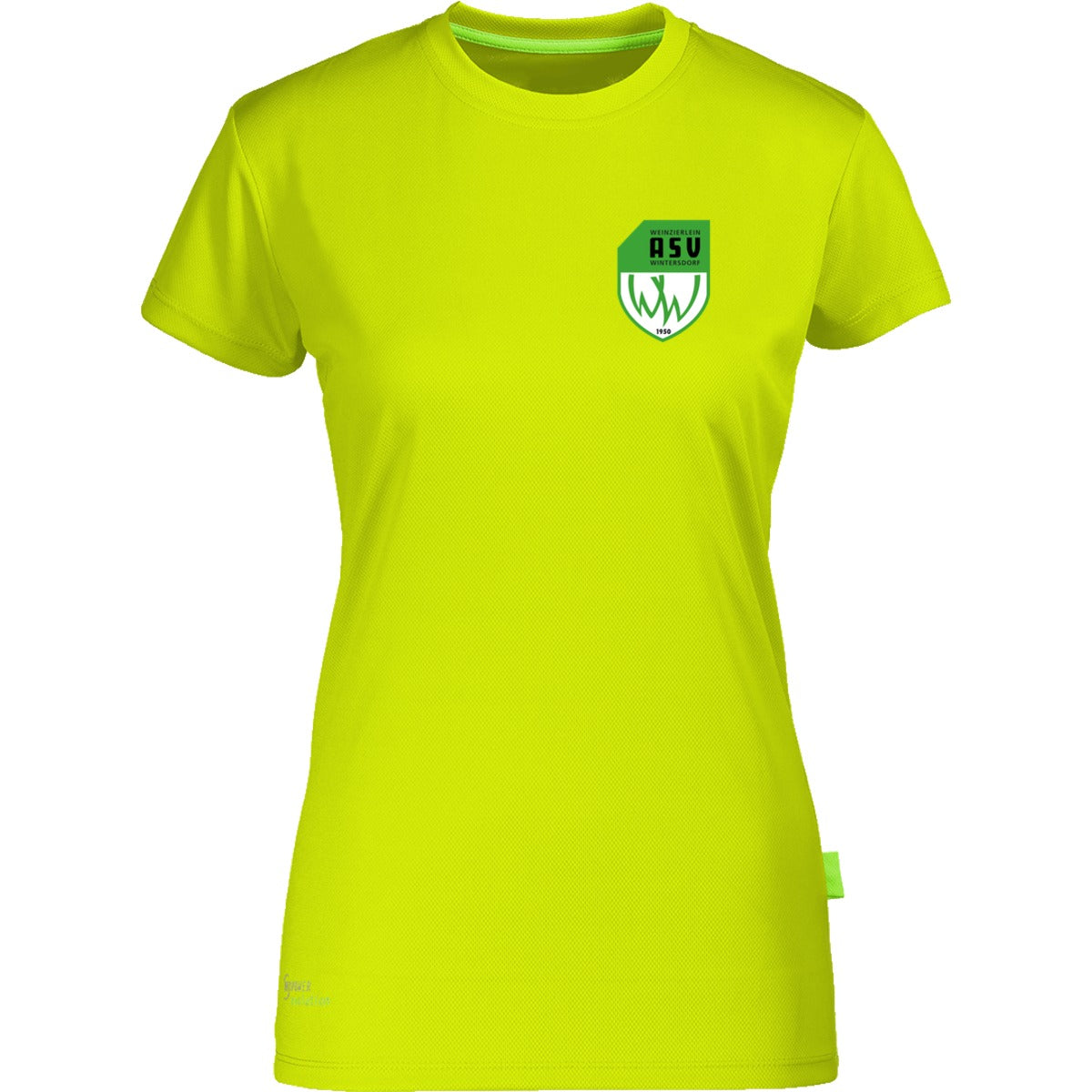 Nachhaltiges Damen Laufshirt aus 100% recyceltem Polyester CN170 – ASV-Wappen herzseitig Neon Yellow Vorderseite