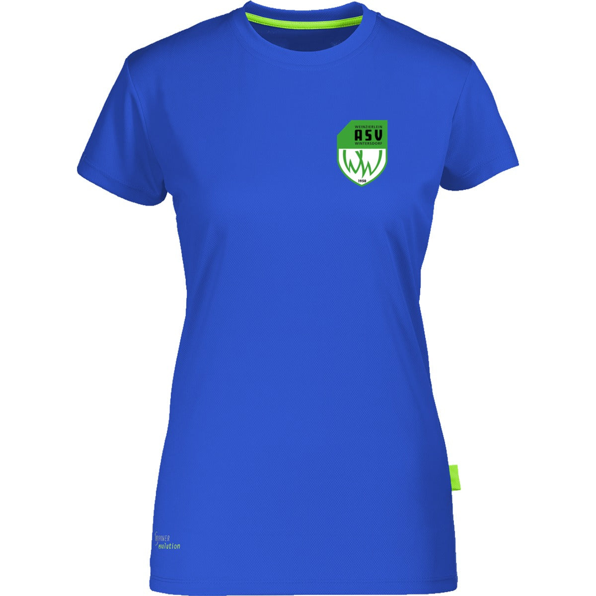 Nachhaltiges Damen Laufshirt aus 100% recyceltem Polyester CN170 – ASV-Wappen herzseitig Royal Blue Vorderseite