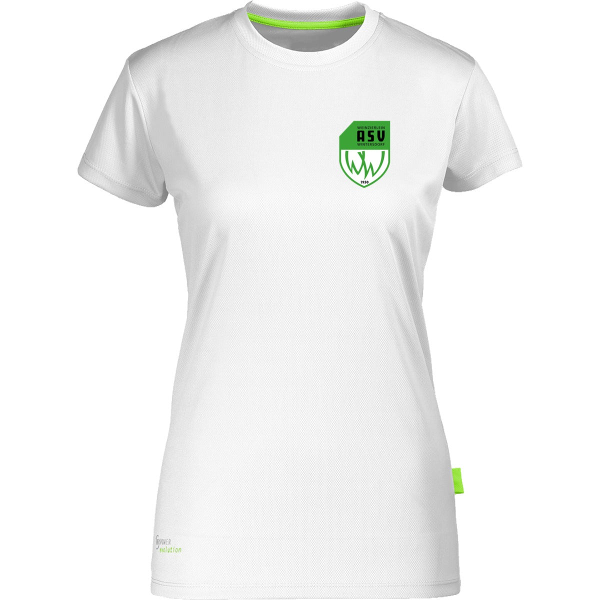 Nachhaltiges Damen Laufshirt aus 100% recyceltem Polyester CN170 – ASV-Wappen herzseitig White Vorderseite