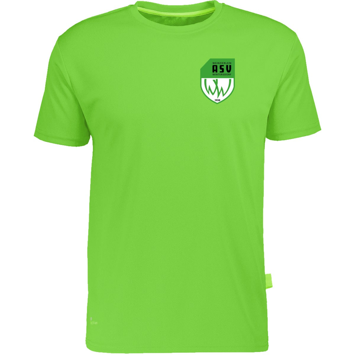 Nachhaltiges Herren Laufshirt aus 100% recyceltem Polyester CN160 – ASV-Wappen herzseitig Lime Vorderseite