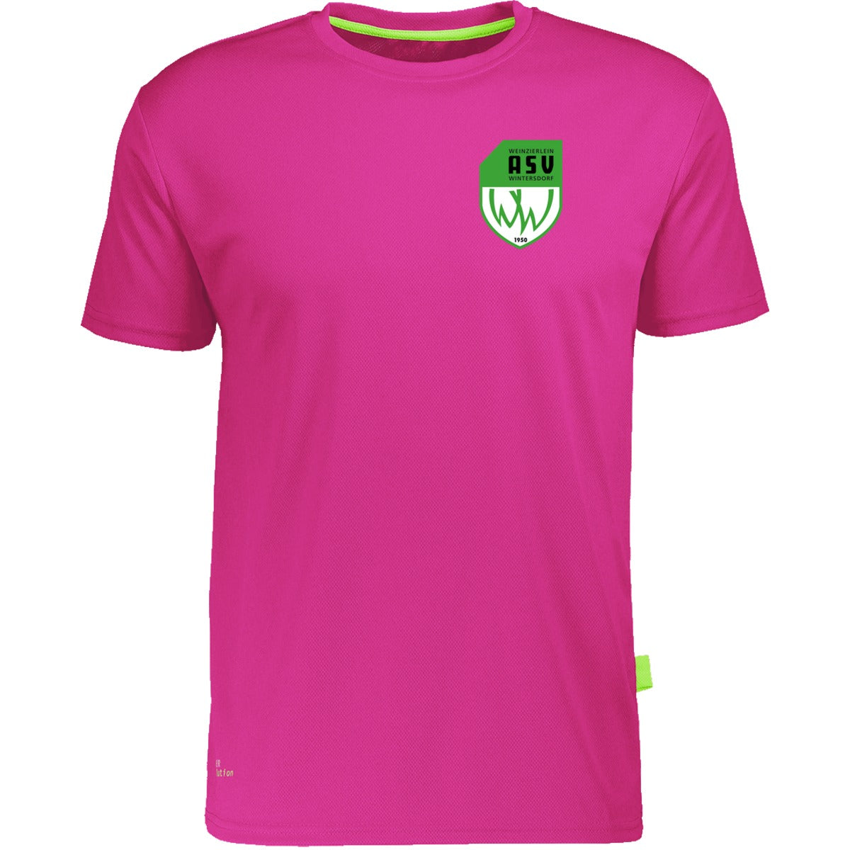 Nachhaltiges Herren Laufshirt aus 100% recyceltem Polyester CN160 – ASV-Wappen herzseitig Magenta Vorderseite