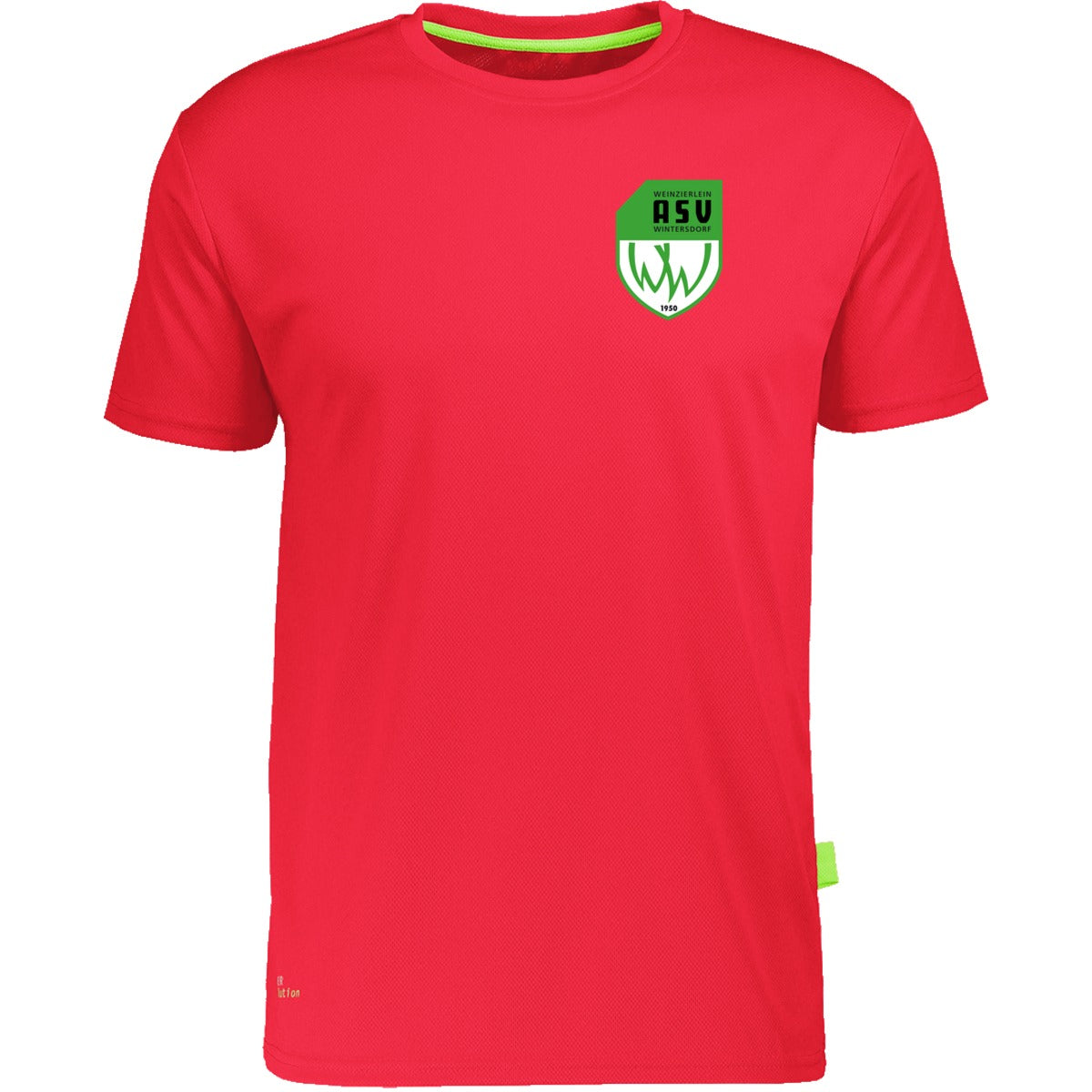 Nachhaltiges Herren Laufshirt aus 100% recyceltem Polyester CN160 – ASV-Wappen herzseitig Neon Coral Vorderseite
