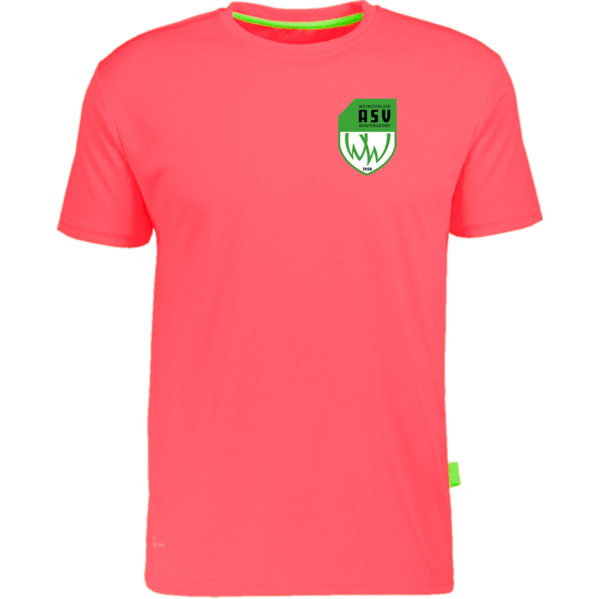 Nachhaltiges Herren Laufshirt aus 100% recyceltem Polyester CN160 – ASV-Wappen herzseitig Neon Peach Vorderseite