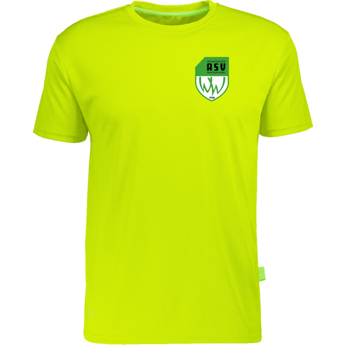 Nachhaltiges Herren Laufshirt aus 100% recyceltem Polyester CN160 – ASV-Wappen herzseitig Neon Yellow Vorderseite
