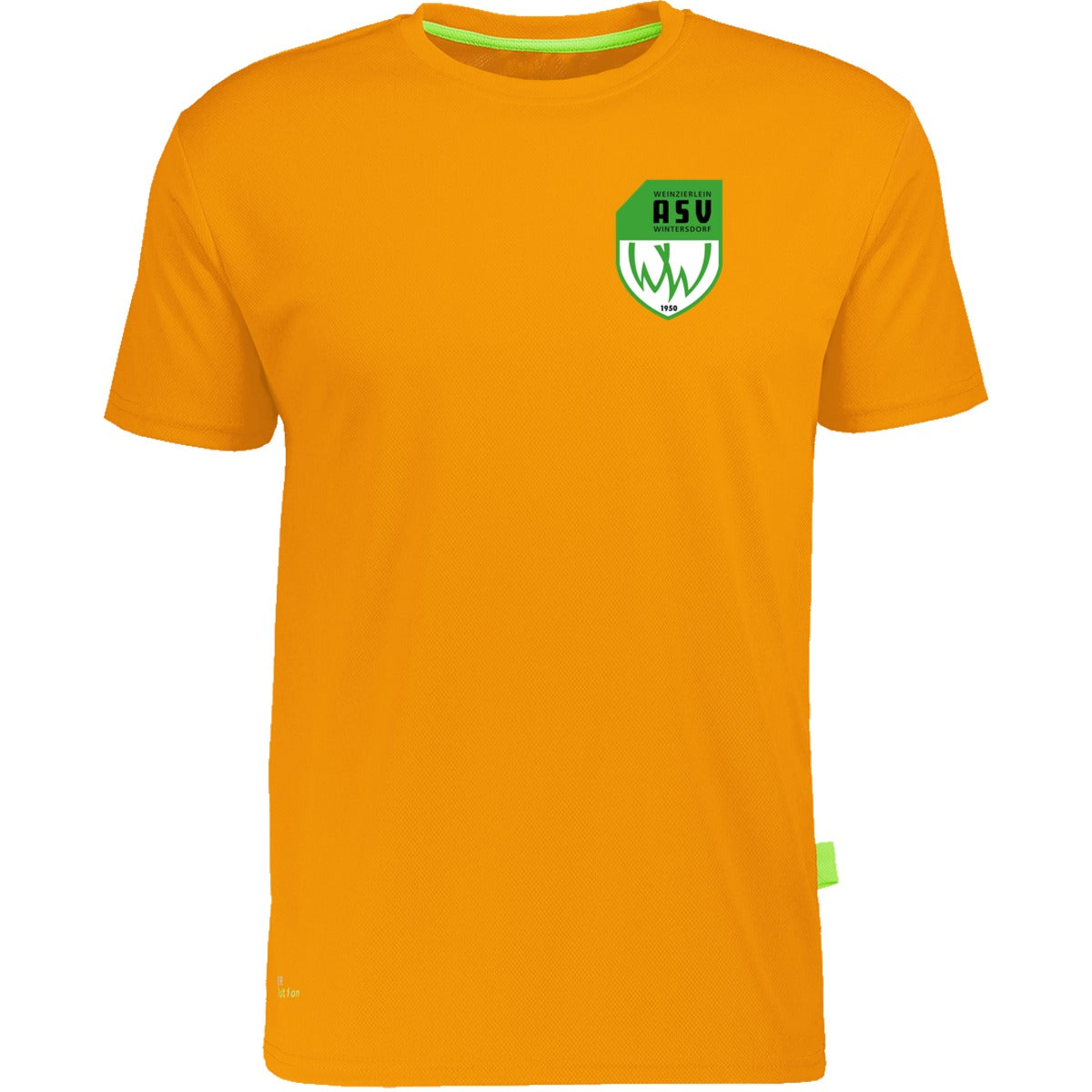 Nachhaltiges Herren Laufshirt aus 100% recyceltem Polyester CN160 – ASV-Wappen herzseitig Orange Vorderseite