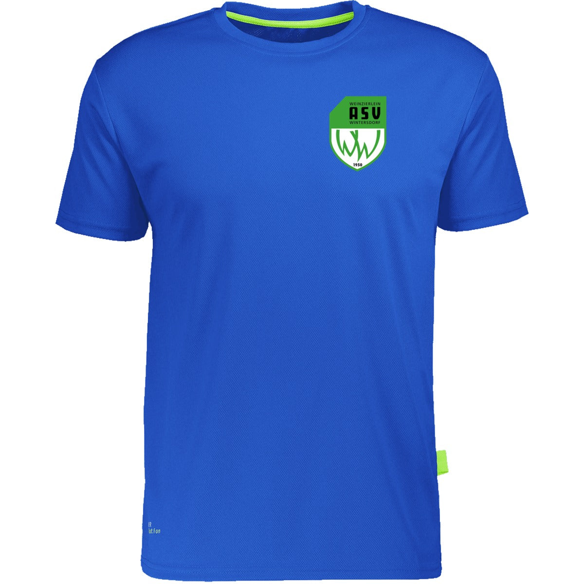 Nachhaltiges Herren Laufshirt aus 100% recyceltem Polyester CN160 – ASV-Wappen herzseitig Royal Blue Vorderseite