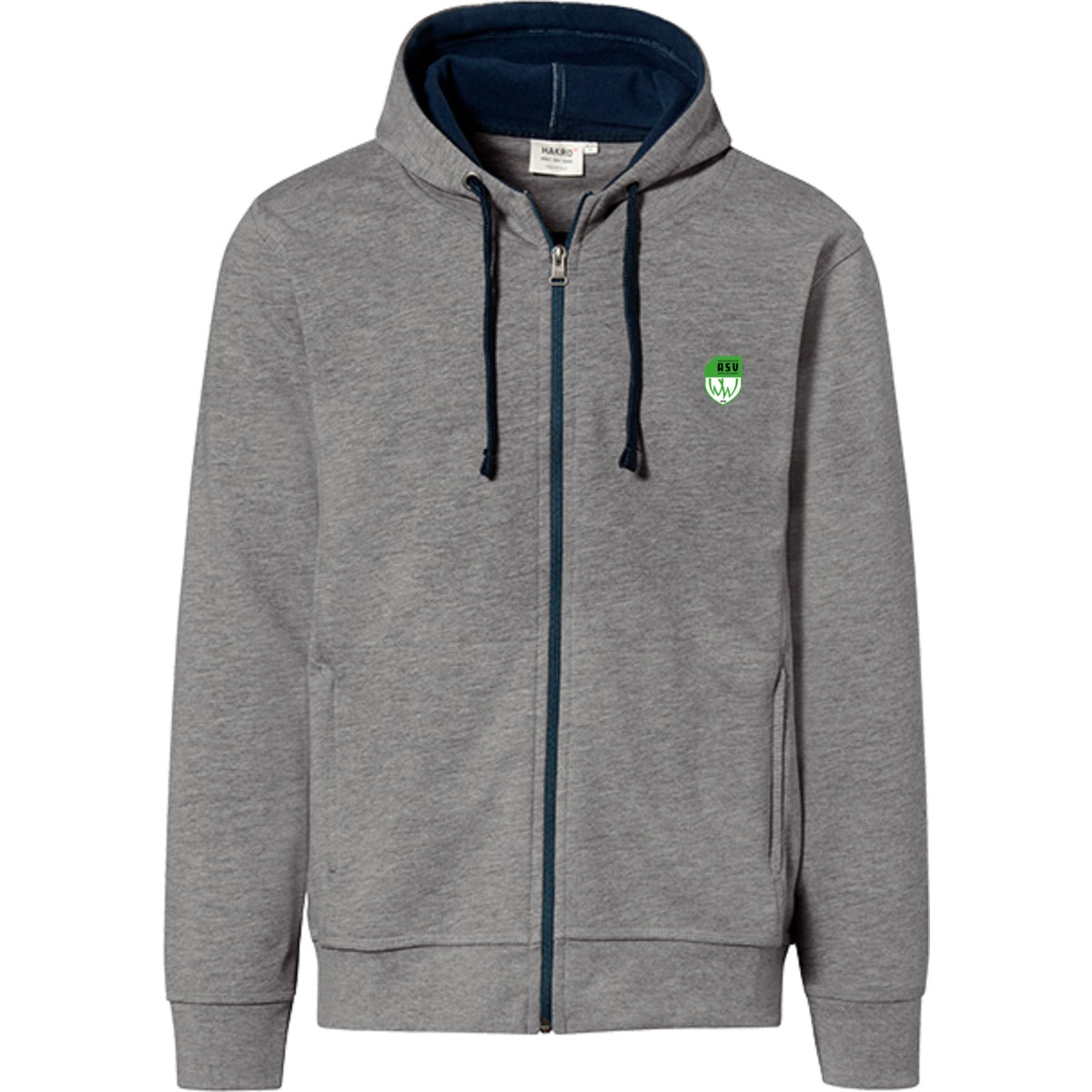 NO. 455 HAKRO KAPUZENJACKE BONDED – ASV-Wappen herzseitig Grau Meliert/Tinte Vorderseite