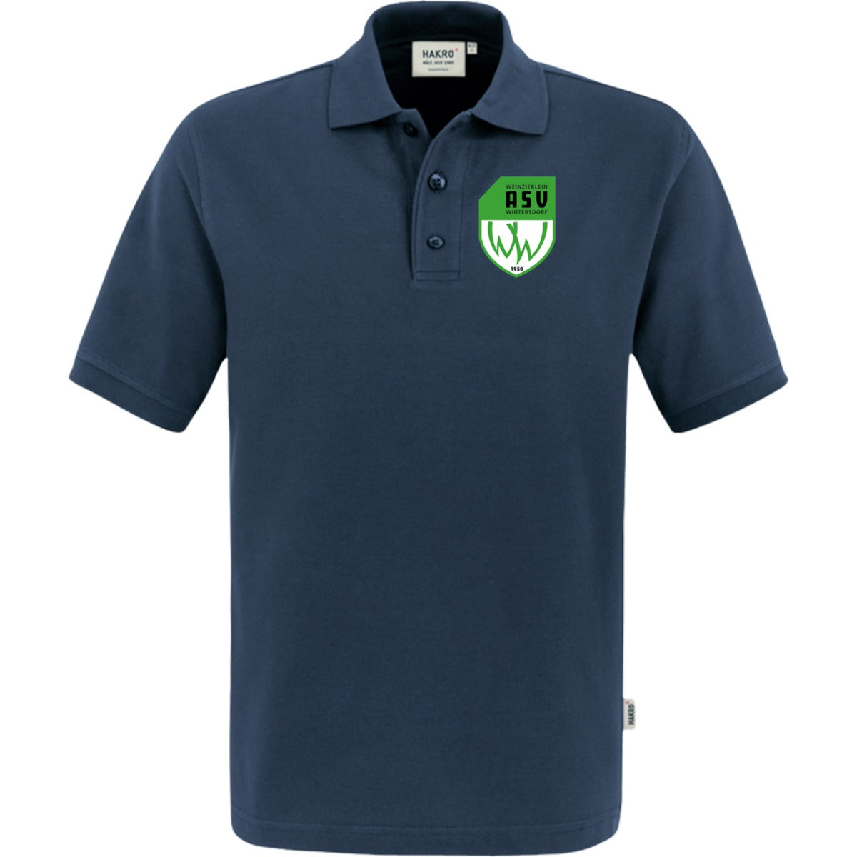 NO. 800 HAKRO POLOSHIRT TOP – ASV-Wappen herzseitig Marine Vorderseite