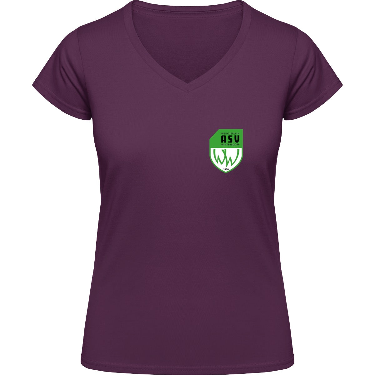 NO. 126 HAKRO DAMEN V-SHIRT CLASSIC – ASV-Wappen herzseitig Aubergine Vorderseite