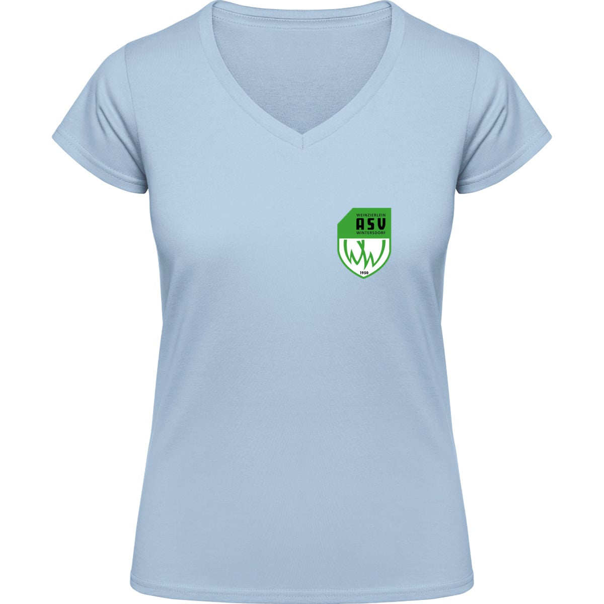 NO. 126 HAKRO DAMEN V-SHIRT CLASSIC – ASV-Wappen herzseitig Eisblau Vorderseite