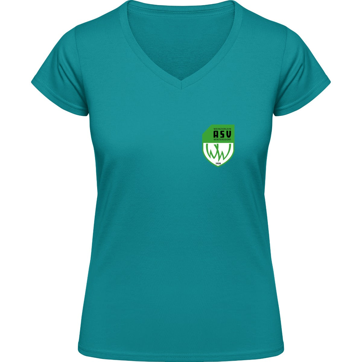 NO. 126 HAKRO DAMEN V-SHIRT CLASSIC – ASV-Wappen herzseitig Smaragd Vorderseite